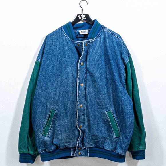 Lee Sport Denim Varsity Bomber Jacket Colorblock XXL VTG 90s Skate Hip Hop Baggy